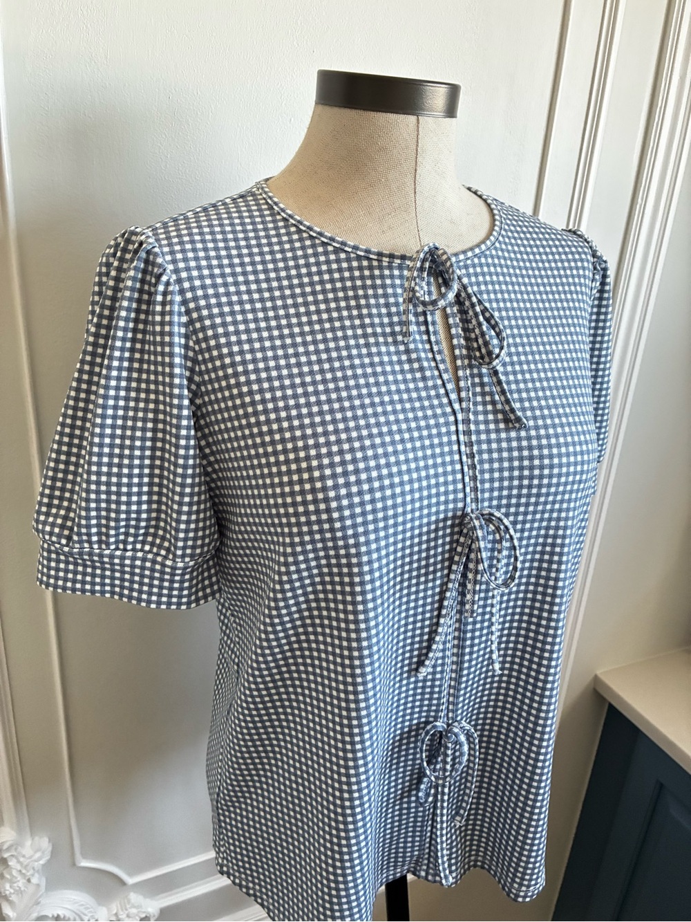 Adrianna Papell Blue and White Gingham Tie-Front Blouse - Picture 2 of 11